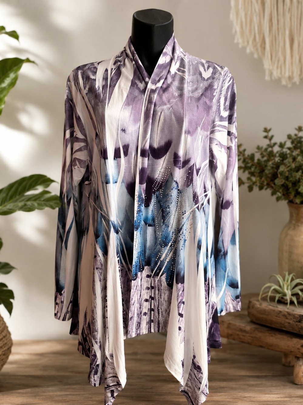 Abstract Watercolor Feathers Draped Cardigan in Purple, Blue & White